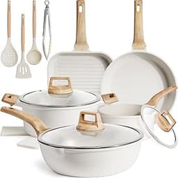 Kikcoin 16Pcs Ceramic Pots and Pans Set Non Stick, Includes a 9.5" Grill Pan, Induction Kitchen Cookware Sets, White ...
