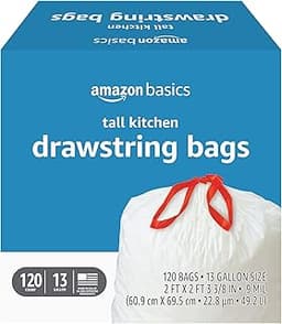 Amazon Basics Tall Kitchen Drawstring Trash Bags, Sturdy and Tear Resistant, 13 Gallon, Unscented, 120 Count