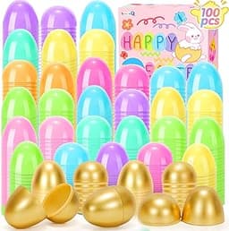 SevenQ Plastic Easter Eggs Fillable, 100Pcs 2.4" Empty Colorful and Golden Eggs for Easter Basket Stuffers Gifts for ...