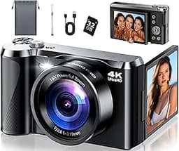 4K Digital Camera for Photography & Travel, 56MP Autofocus Vlogging Camera with 3" 180° Flip Screen, 16X Zoom, Compac...