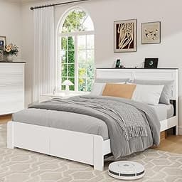 Queen Size Bed Frame with Headboard, Metal Platform Bed Frame with 2 Storage Drawers, Built-in Charging Station, Stur...