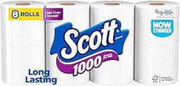 Scott 1000 Toilet Paper, 8 Rolls, Septic-Safe, 1-Ply Toilet Tissue