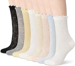 scenicamp Women's Ruffle Socks, 8 Pairs Cute Cotton Knit Sheer Frilly Sock with Bow Butterfly Dot Pattern Socks Size 5-9