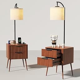 HNEBC Fluted nightstand Set 2 with - with 3-Color Lights and Lampshades,Modern Night Stand with Charging Station,Farm...