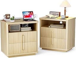 Nightstands Set of 2 with Charging Station, 22.8" Wood Night Stands Set of 2 with 2 Drawers, Modern Bedside Table w/O...