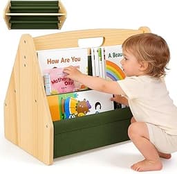Solid Wood Toddler Bookshelf Double-Sided Montessori Kids Bookshelf for Nursery & Playroom, Baby Book Rack with Porta...