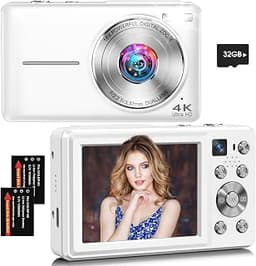 Digital Camera, 4K 64MP Autofocus 16X Zoom Camera with Dual Lens(White) | 2026 Latest Anti-Shake Point Shoot Camera, ...
