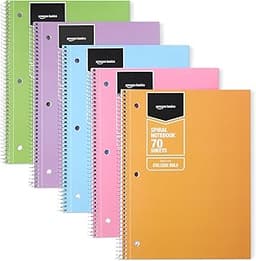 Amazon Basics College-Ruled Spiral Notebook, For Work and School, 70 Sheets, 8" x 10.5", Assorted Pastel Solid Colors...