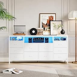Jojoka 63.3 Inch 10 Drawer Dresser TV Stand with LED Lights and Power Outlets, Fabric Chest of Drawers Entertainment ...