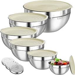 Mixing Bowls with Lids Set, 6 PCS Stainless Steel Mixing Bowls with 3 Grater Attachments, Kitchen Food Storage Organi...