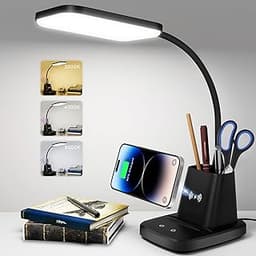 LED Desk Lamp with 10W Wireless Charging & Pen Holder, Black | CRI 95, 800LM, Stepless Dimming, 3 Modes, 360°Flexible...