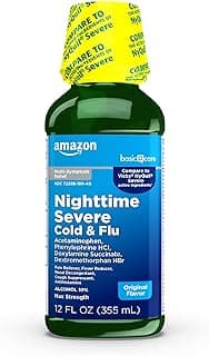 Amazon Basic Care Nighttime Severe Cold and Flu Syrup, Max Strength Liquid Medicine for Cough, Sore Throat, Nasal Con...