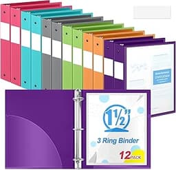 Henoyso 12 Pack 1.5 Inch 3 Ring Binders with Clear Front Cover and 2 Pockets, 8.5'' x 11'' Plastic Flexible Binders O...