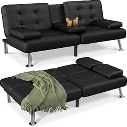 Flamaker Futon Sofa Bed, Black Faux Leather Convertible Loveseat Couch | Modern Adjustable Folding Futon Set with 2 C...