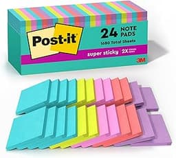 Post-it Super Sticky Notes, 24 Sticky Note Pads, 3 x 3 in., Ideal for Organization in Your Dorm, Home or Office, 2X T...