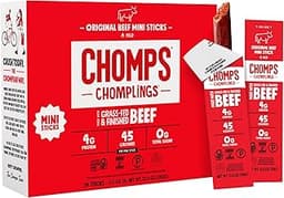 Chomps Snack Size Grass-Fed Original Beef Jerky Snack Sticks 0.5oz 24-Pack - Keto, Paleo, Whole30, 4g Lean Meat Prote...