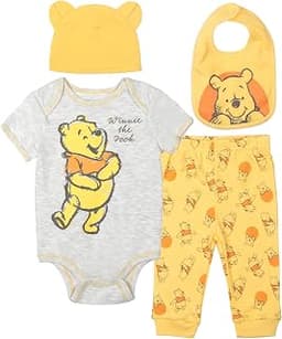 Disney Winnie the Pooh Baby 4-Piece Bodysuit Pants Bib and Hat Set Newborn to Infant