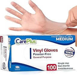 CARE PLUS Vinyl Gloves Clear Medium, Disposable Latex Free, 100 Count | Powder free exam grade protection for food se...
