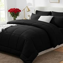 CozyLux Queen Comforter Set Black, 7 Pieces Bed in a Bag, Black Comforter Queen Size, All Season Bedding Sets with St...