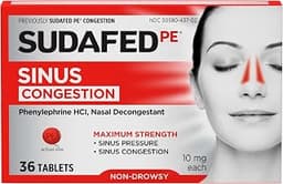Sudafed PE Sinus Congestion Relief Tablets, 10 mg Phenylephrine HCI, 36 Ct | Maximum Strength, Non-Drowsy, Nasal Deco...