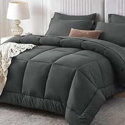 Sasttie Queen Comforter Set, 7 Pieces Bed in a Bag Queen, Complete Bedding Set Includes Grey Comforter, Flat Sheet, F...