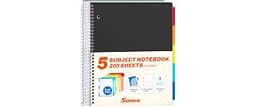 SUNEE 5 Subject Graph Paper Notebook - 400 Pages, 9"x11", 4x4 Graph Ruled Notebook, 5 Pocket Colored Dividers, 3-Hole...