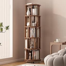 Muwuele Solid Wood Rotating Bookshelf on Wheels, 5 Tier, Round Revolving Bookcase, 360° Spinning Book Shelf Tower for...