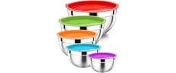 P&P CHEF Metal Mixing Bowls with Lids Set, Airtight Lids & Multicolor | 5 PCS Stainless Steel Mixing Nesting Bowls fo...