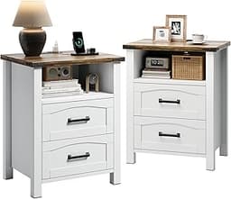 Decofy Farmhouse Nightstand with Charging Station, Set of 2, 18" Wide Rustic End Table, Built-in USB/Type-C Ports & 2...