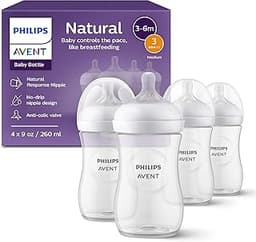 Philips Avent Natural Baby Bottles with Natural Response Nipples (Medium Flow, Flow 3), 9oz, 4-Pack, SCY903/04