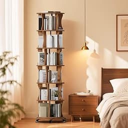 6 Tier Solid Wood Rotating Bookshelf with Wheels, Round Revolving Bookcase Organizer, 360° Spinning Storage Shelf for...