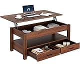Rolanstar Coffee Table, Lift Top Coffee Table with Drawers and Hidden Compartment, Retro Central Table with Wooden Li...