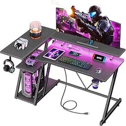 40 Inch Gaming Desk with Power Outlet & LED Lights, L Shaped Computer Gaming Table with 3 Tiers Storage Shelves, Corn...