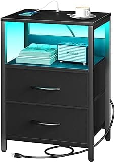 Yoobure Nightstand with Charging Station, LED Night Stand with Fabric Drawers and Storage Shelf for Bedroom, Nightsta...