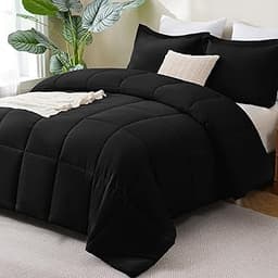 CozyLux Queen Comforter Set, 3-Piece Box-Stitched, Black | 270 GSM Down Alternative Fill, 90 GSM Brushed Microfiber S...