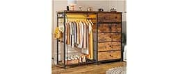 EnHomee 49.2" W Dresser with Hanging Rack & 6 Fabric Drawers – Wooden Top Organize Unit Featuring LED Lights, Chargin...