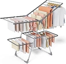 Clothes Drying Rack, Foldable 2-Level Laundry Drying Rack with Height-Adjustable Wings, for Clothing & Bedding, Free-...