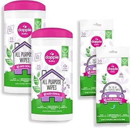 Dapple Baby All Purpose Cleaning Wipes - (2 Pack) 75 Count Canisters + (2 Pack) 30 Count Pouches - Plant-Powered & Hy...