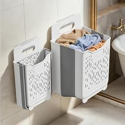 Spreezy 2 Pack Collapsible Laundry Basket with Handle, 18+45L (4.5+11Gal) | Foldable Plastic Laundry Hamper, Wall Mou...