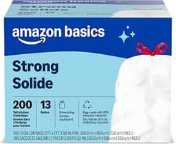 Amazon Basics Trash Bags, Tall Kitchen Drawstring, Unscented, 13 Gallon, 200 Count, Pack of 1, Packaging May Vary