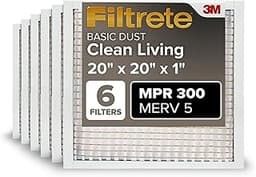 Filtrete 20 x 20 x 1 Air Filter, MERV 5, 6-Pack, AC Furnace HVAC, MPR 300 Basic Dust Defense, Pleated Electrostatic, ...