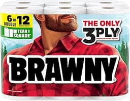 Brawny Tear-A-Square 3-Ply Paper Towels, 6 Double Rolls = 12 Regular Rolls, Strong, Absorbent, and Durable with 3 She...