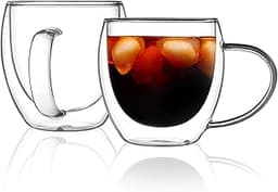 CNGLASS Double Walled Glass Coffee Mugs with Handle,12oz Insulated Glass Mugs with Handle,Clear Espresso Cups for Lat...