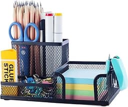 M&G Mesh Pen Holder Desk Organizers Pencil Holder for Desk Black, 3 Compartments Metal Office Supply Organizer with S...