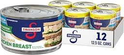 Swanson 25% Less Sodium White Premium Chunk Canned Chicken Breast in Water, 12.5 OZ Can (12 Pack)