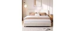 Queen Cloud Bed Frame, Wood Boucle Upholstered Platform Bed, Cream White | Adjustable Headboard, Rounded Corners, Eas...