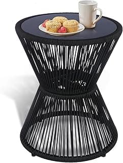 SUNNYPARK Outdoor Side Table 20'' H Small End Tables Woven Rope Weather Resistant with Glass Top Round Coffee Table f...