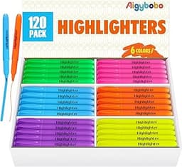 Aigybobo 120 Pack Highlighters in 6 Assorted Colors, Chisel Tip Dry-Quickly Highlighters Bulk, No Bleed Highlighter M...