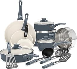 GreenLife 16 Piece Nonstick Cookware Set, Soft Grip Non-Toxic PFAS-Free Ceramic Pots & Pans, Dishwasher & Oven Safe, ...