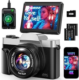 4K Digital Camera for Photography 64MP WiFi Vlogging Camera for YouTube Autofocus 3" 180° Flip Screen 16X Zoom Compac...
